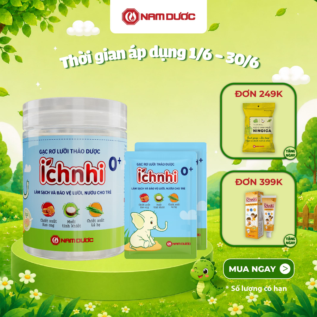 GẠC RƠ LƯỠI THẢO DƯỢC ÍCH NHI 0+ CHO BÉ, Hộp 30 gói x 1 gạc, Giúp làm sạch nướu, lưỡi, răng miệng