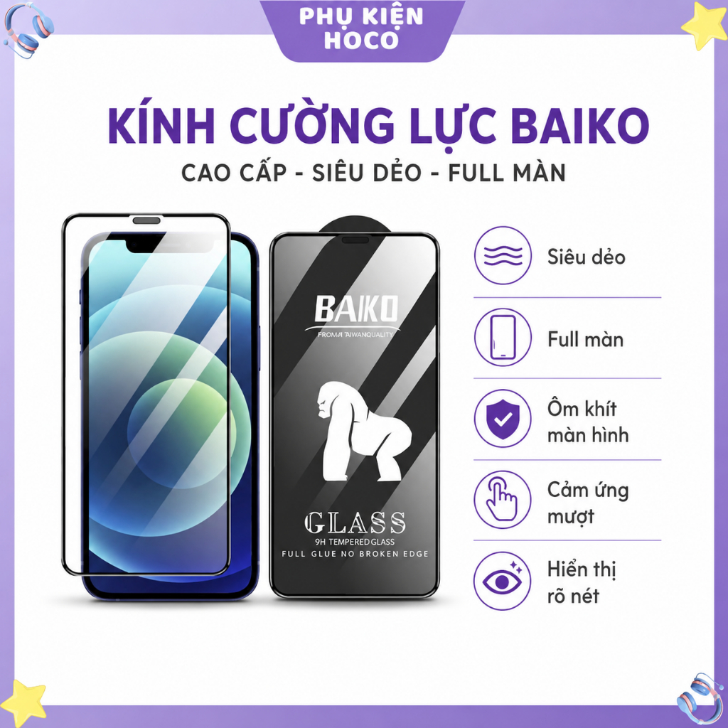 Kính Cường Lực iPhone Baiko Cao Cấp, Siêu Dẻo, Full Màn - Cho IP 6/6s/7/8/Plus/X/XS/XR/11/12/13/14/1