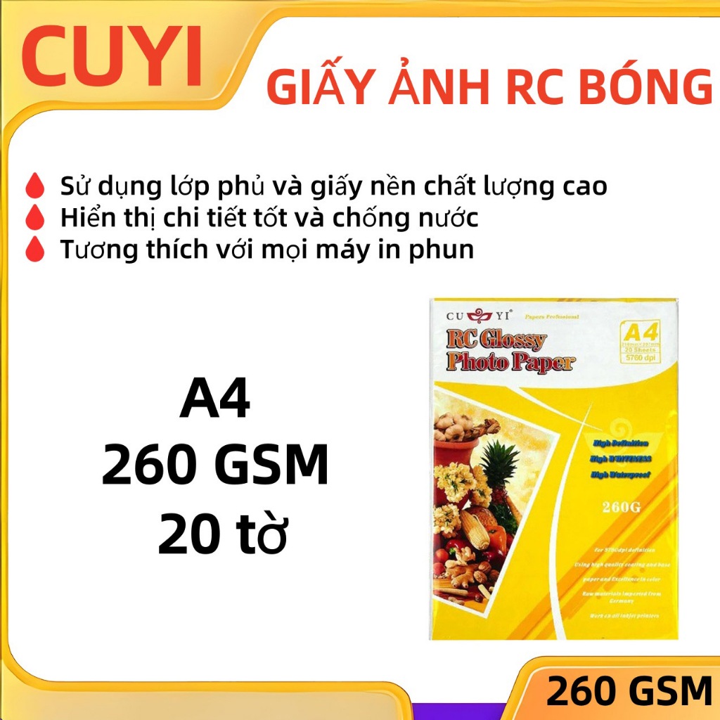 (Giấy ảnh cao cấp) Giấy ảnh RC bóng CUYI – Giấy in phun phủ resin khổ A4 260gsm (20 tờ/gói)