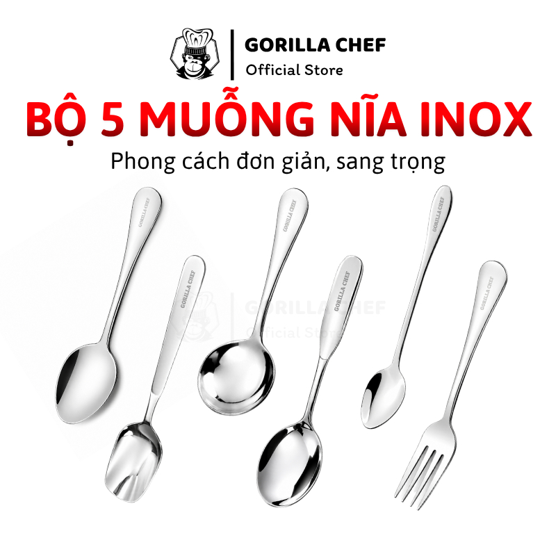 Set 5 muỗng inox Gorilla Chef muỗng ăn cơm phong cách đơn giản, sang trọng