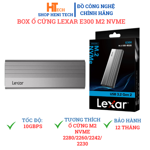 Box SSD Lexar E300 M2 NVMe| Nhôm nguyên khối chuẩn Usb 3.2 Gen2 Type-C tốc độ cao 10Gbps