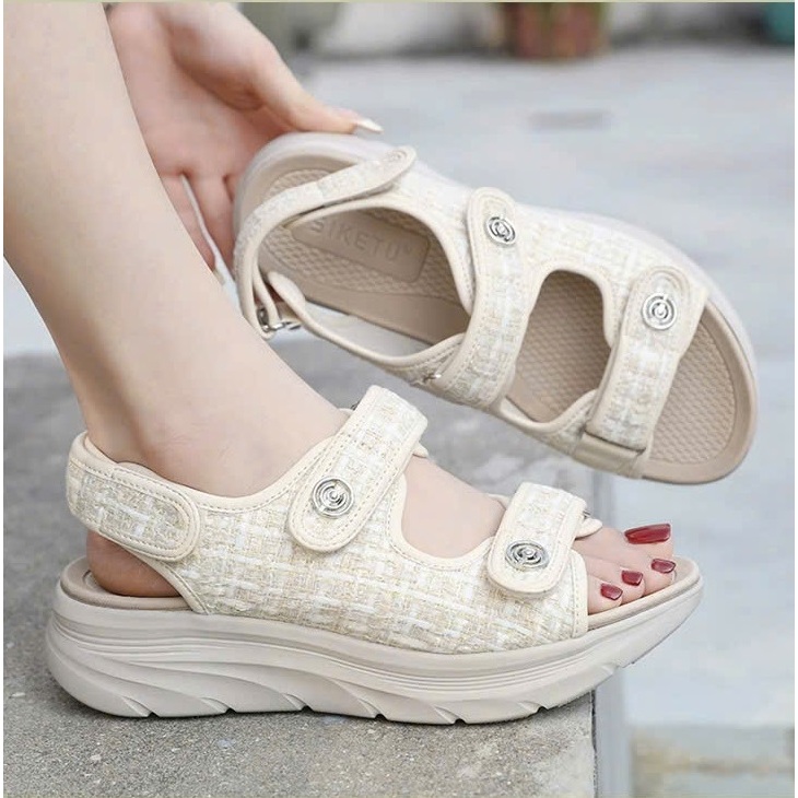 Sandal Siketu quai ngang, chất vải tweed, đế xuồng 4cm (có sẵn)