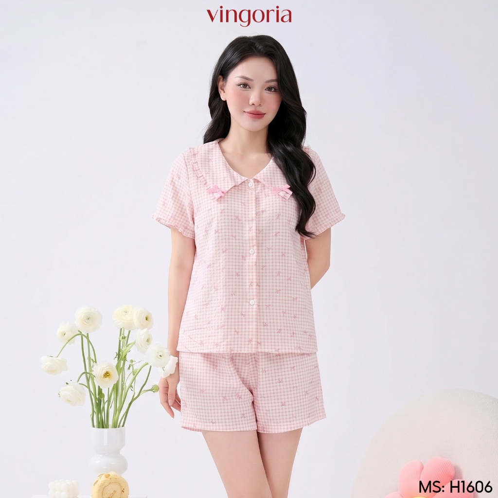 Bộ đồ ngủ nữ Pijama đũi mặc nhà VINGO/VINGORIA tay ngắn mùa hè H1606