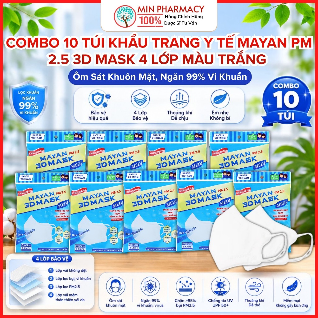 COMBO 10 TÚI Khẩu Trang người lớn MAYAN 3D Mask PM 2.5 MEDI màu trắng (túi 5 cái) - Minpharmacy