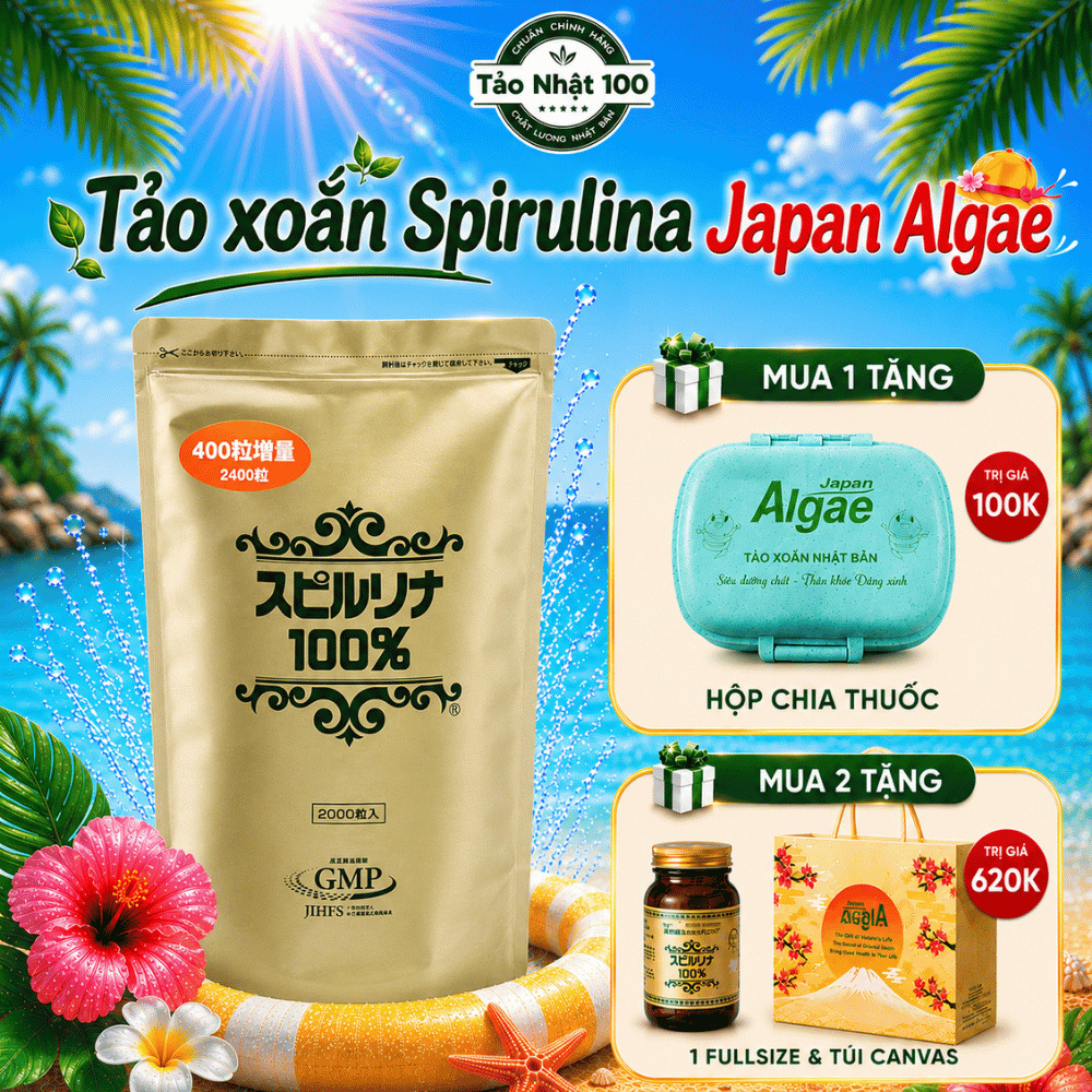 Tảo Xoắn Spirulina 100% 2000 tab.+400 tab Japan Algae dạng túi Nhật Bản