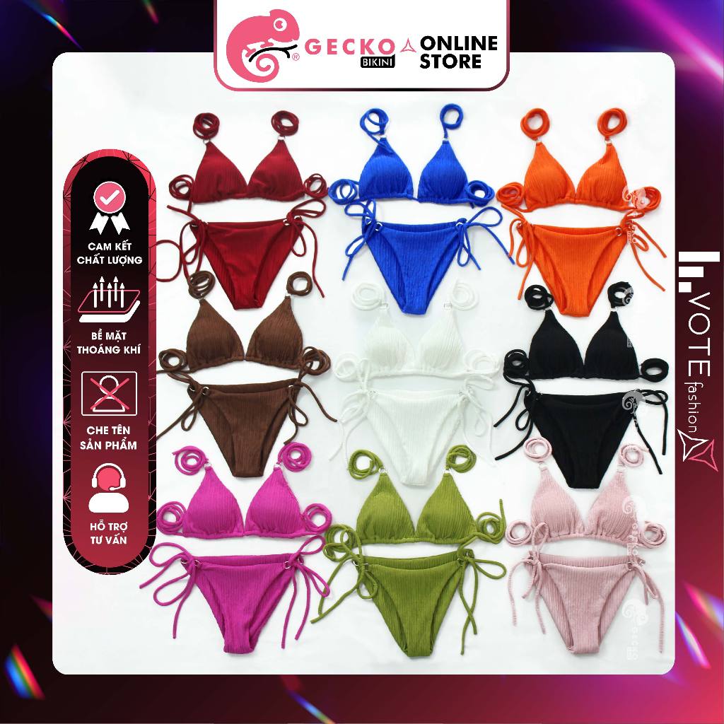 GECKO Bikini 2 Mảnh Tam Giác Xốp Văn 6 Khoen 2M35 (Ảnh Thật, Nhiều Màu)