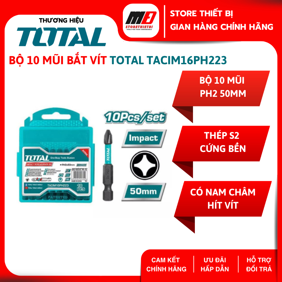 Bộ 10 Mũi Bắt Vít TOTAL TACIM16PH223 PH2 50mm Thép S2 Có Nam Châm Hít Chống Trượt Đóng Hộp Nhựa