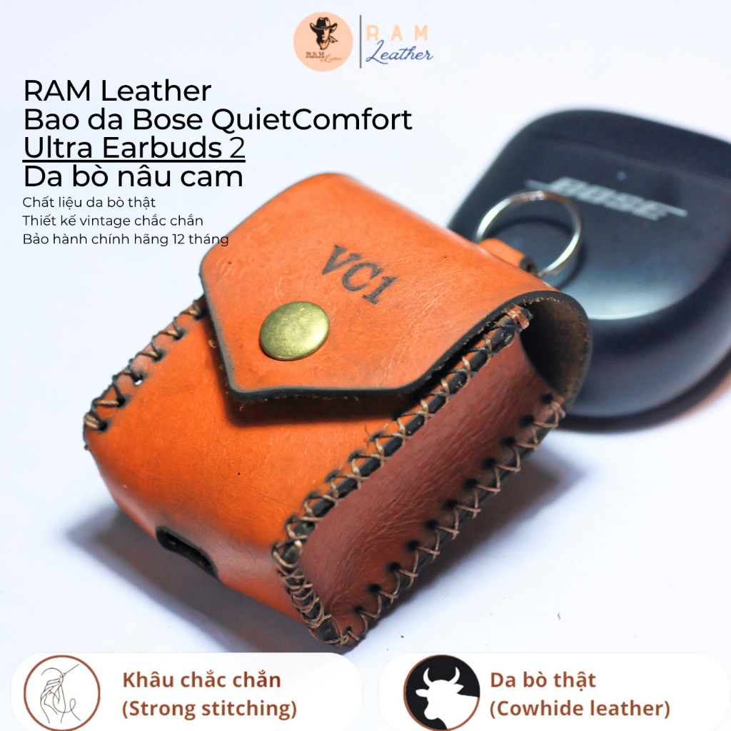 Bao Da Bose QuietComfort Ultra Earbuds 2 RAM Leather Da Bò Vàng Cam Nhuộm Nghệ Thuật Bảo Vệ Tai Nghe