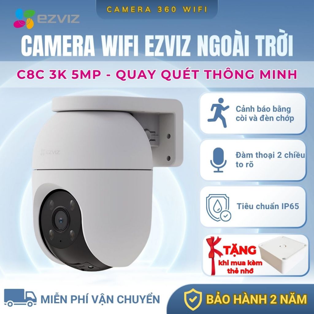 Camera Wifi EZVIZ C8C 3K 5MP Ngoài Trời,  Xoay 360 Độ, Đàm Thoại 2 Chiều, Thu Phóng Rõ Nét, AI Phát 