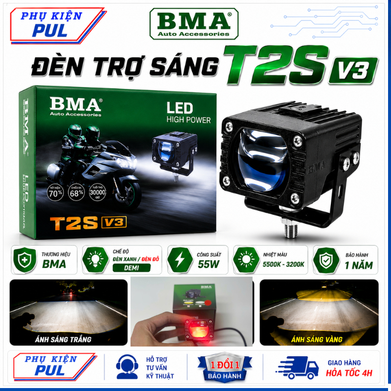 Đèn Trợ Sáng Bi Cầu BMA T2S V3 Công Suất 35W/55W, Cos trắng Pha vàng, Mắt Ếch chống chói, Chống Nước
