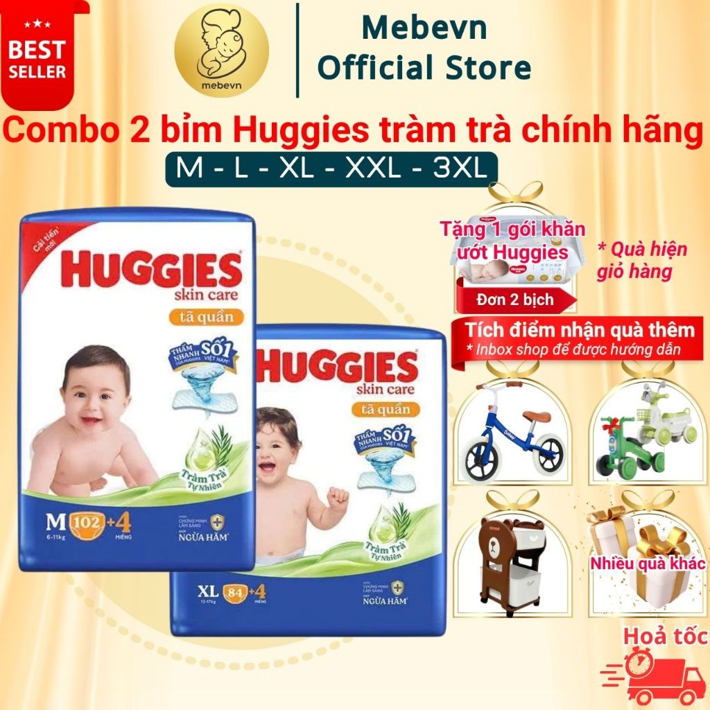 Combo 2 bỉm Huggies tràm trà chính hãng, Huggies tràm trà siêu nhiều miếng size M/L/XL/XL/XXL/XXXL