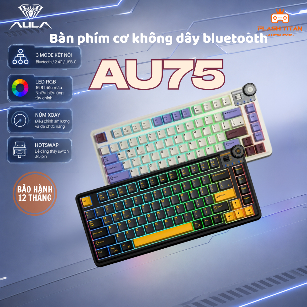 Bàn phím cơ không dây AULA AU75 - 3 mode kết nối tiện lợi - LED RGB nhiều chế độ - Hỗ trợ hotswap