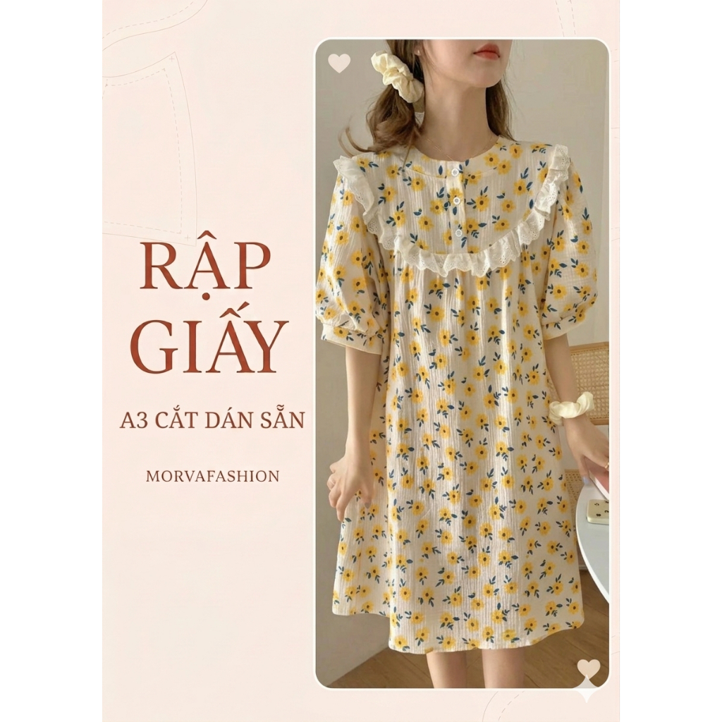 Rập giấy A3 cắt dán sẵn mã MD001 - Đầm xuông nhún bèo, cộc tay (bản vẽ) Morvafashion