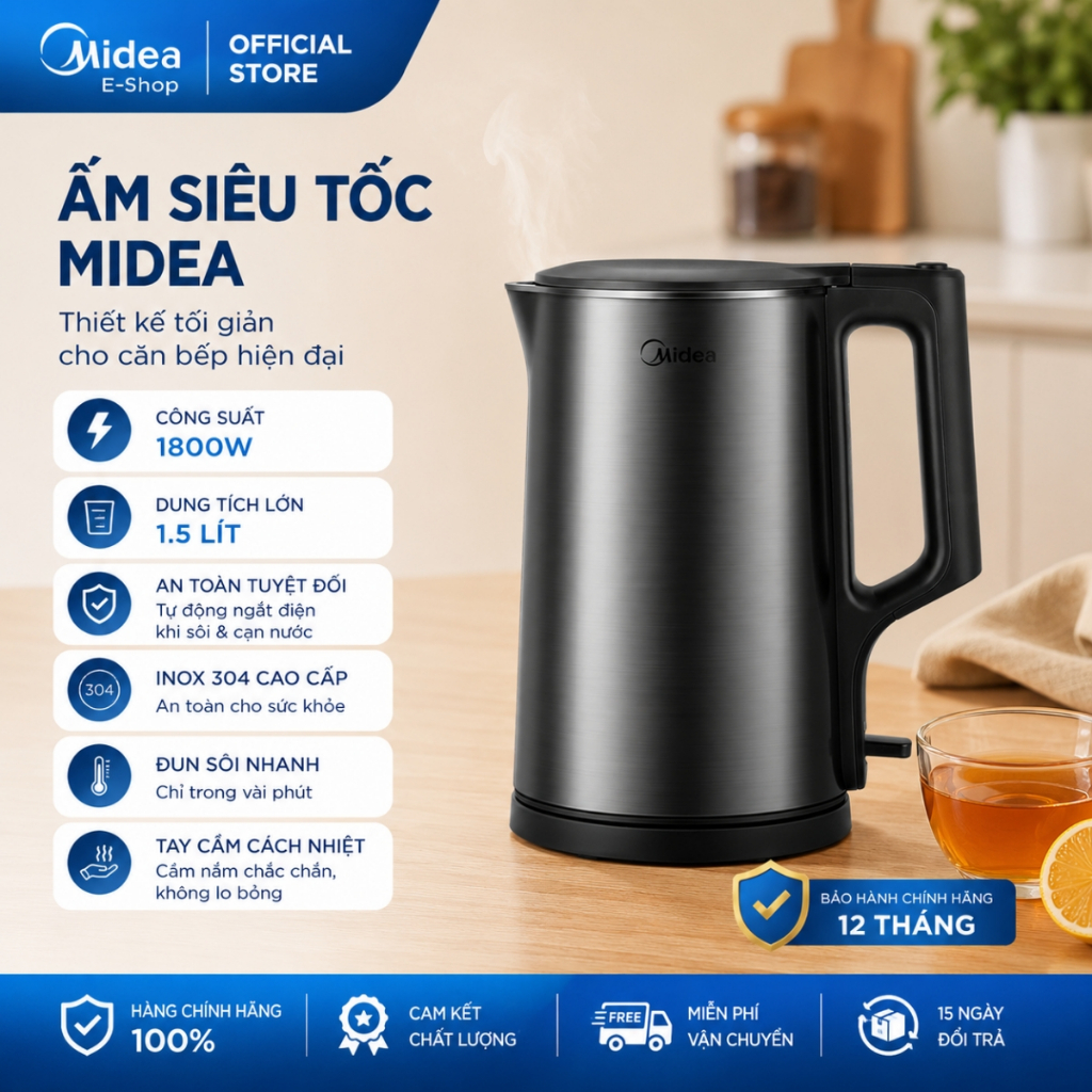 Ấm Đun Siêu Tốc Midea MK-1523DD 1.5L | Công Suất 1800W | Inox 304 | Tự Ngắt Khi Sôi & Cạn Nước