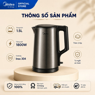 Ấm Đun Siêu Tốc Midea MK-1523DD 1.5L | Công Suất 1800W | Inox 304 | Tự Ngắt Khi Sôi & Cạn Nước