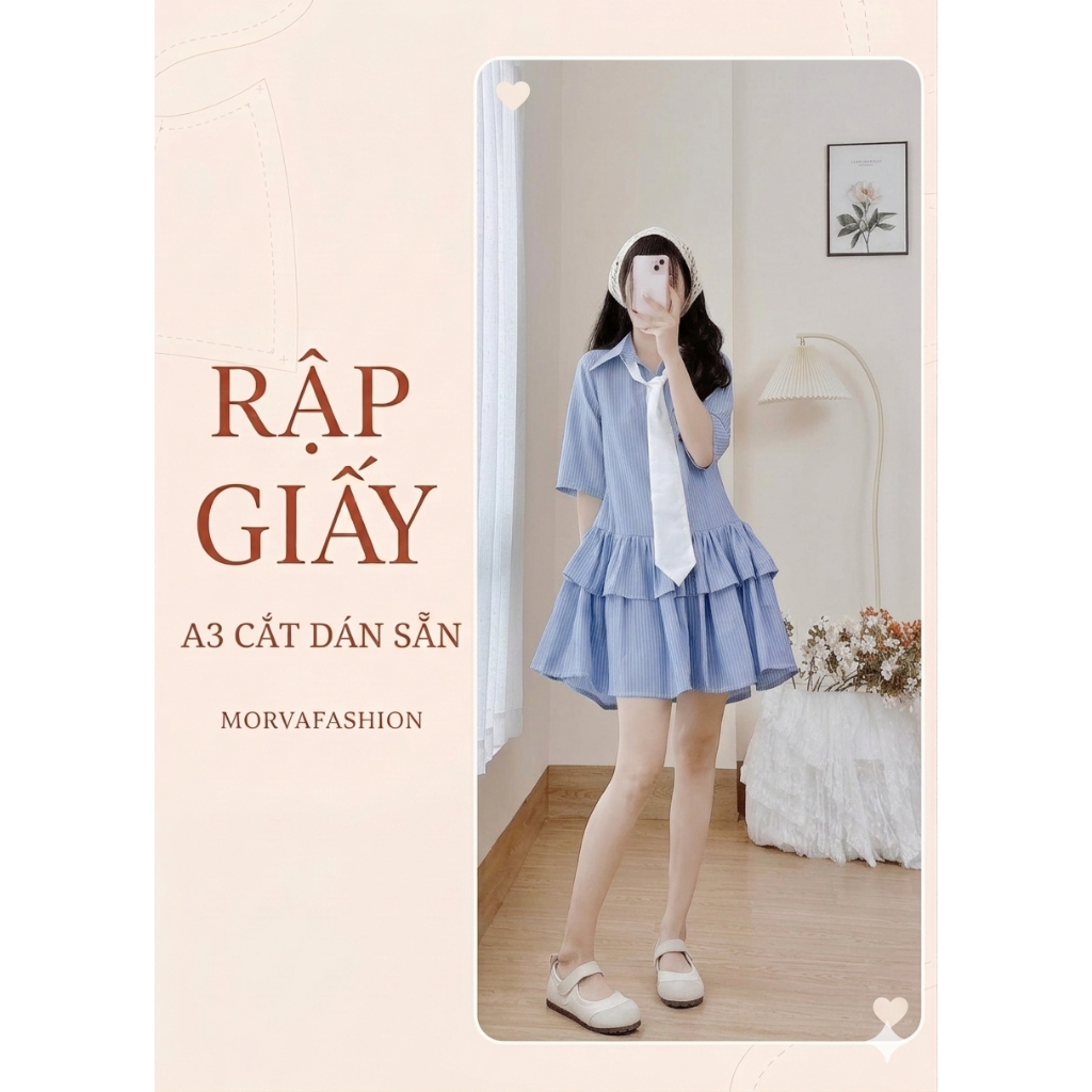 Rập giấy A3 cắt dán sẵn mã MD005 - Đầm xòe 2 tầng (bản vẽ) Morvafashion