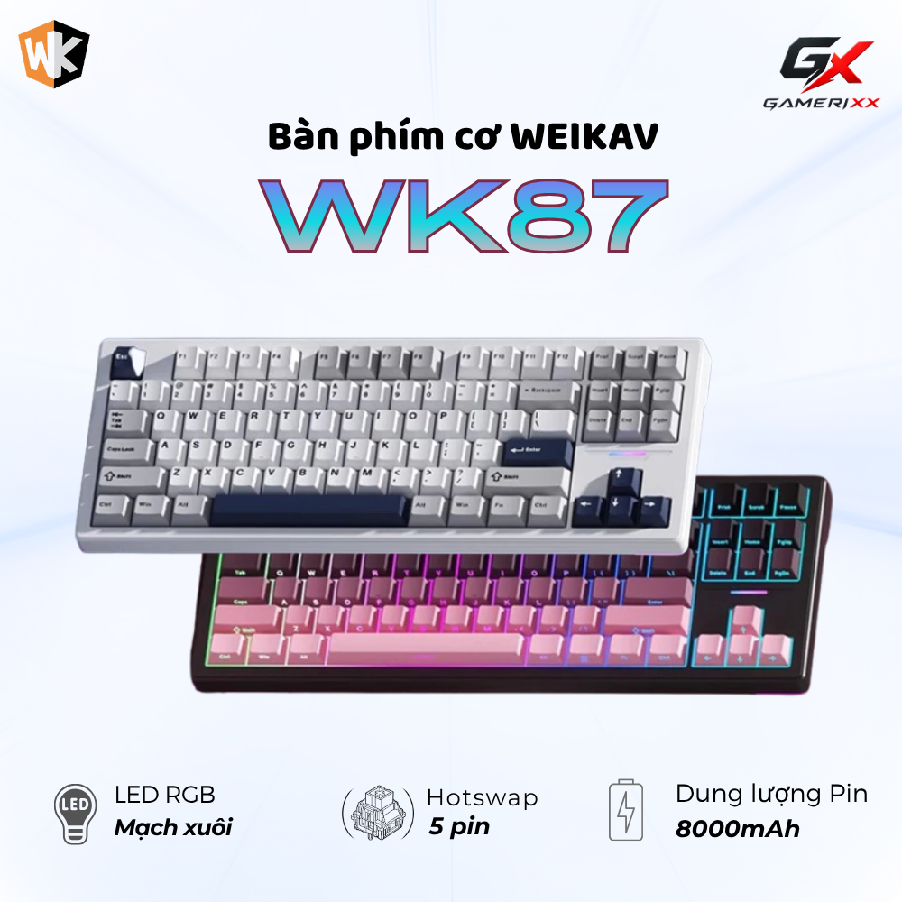 Bàn phím cơ Weikav WK87 kết nối không dây bluetooth - Phù hợp chơi game, văn phòng - Hotswap 5 pin -