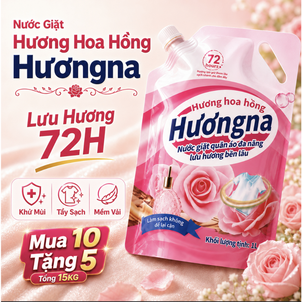 Nước Giặt Hương Nước Hoa Hoa Hồng Hươngna 15KG Lưu Hương 72H Khử Mùi Mồ Hôi Giặt Sạch Sâu Mềm Vải Mua 10 Tặng 5