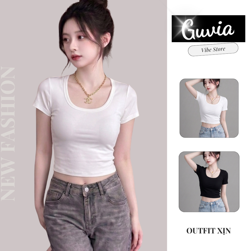 Áo Croptop CỔ VUÔNG TAY NGẮN Phong Cách, Áo kiểu nữ chất vải tốt mặc đẹp GUVIA CR42