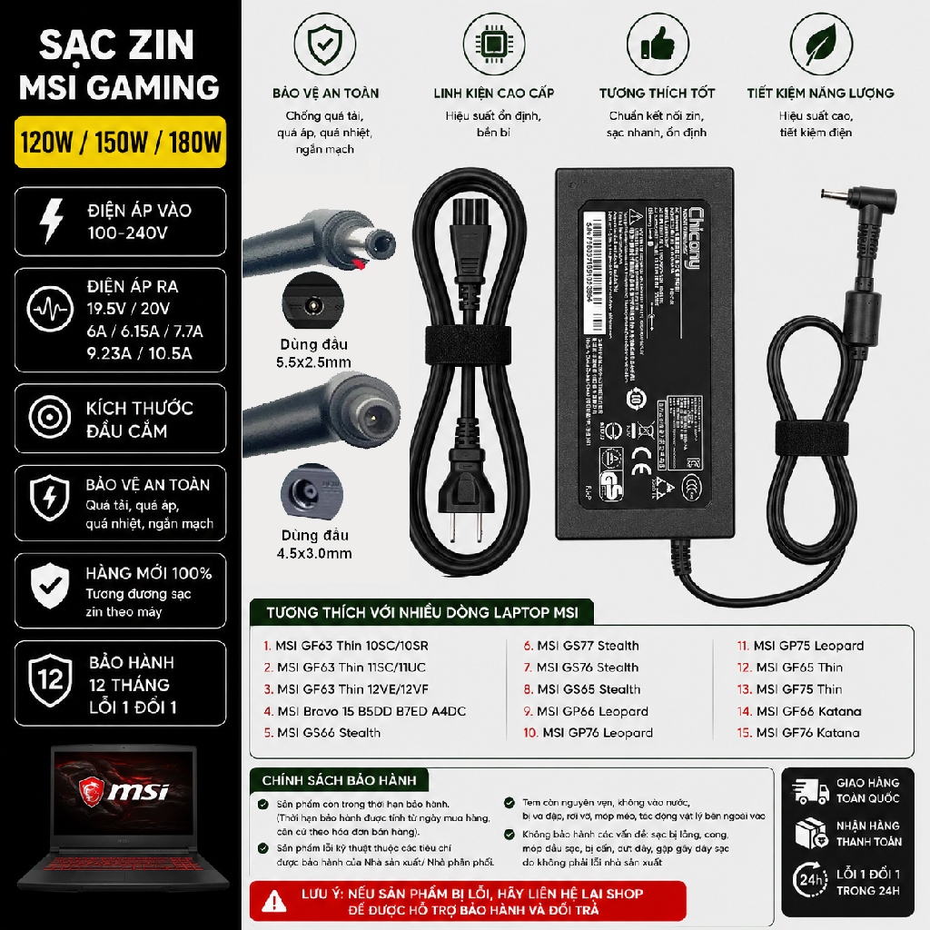Sạc Laptop MSI GF63 GF65 GF66 GF75 thin 8RC 8RD 9SC 10SC 11SC 12VE 12UC 12UCX Sạc MSI Bravo 15 B5DD 