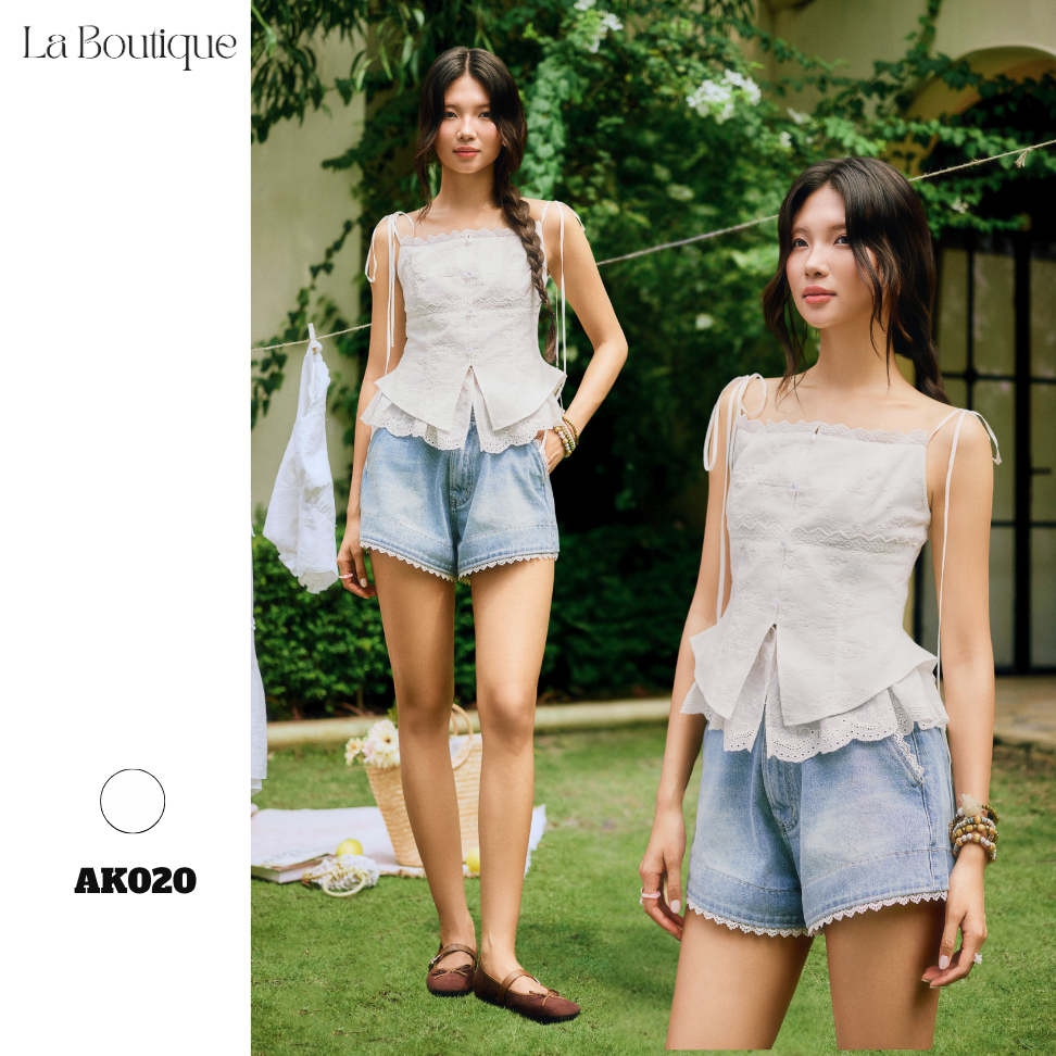 Áo 2 dây xô buộc nơ vai thêu hoa phối ren, dáng chiết eo nữ tính La Boutique SS26 - AK020-2605LAT | BigBuy360 - bigbuy360.vn