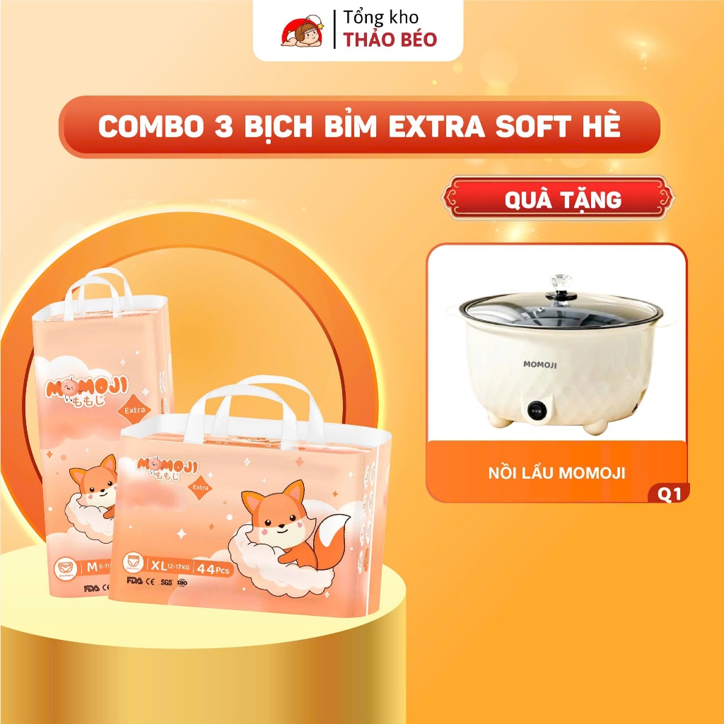 [Quà Hấp Dẫn] Combo 3 Tã Bỉm Dán/Quần Momoji Extra Soft Êm Mềm, Siêu Mỏng Thoáng, Siêu Thấm Hút NB/S