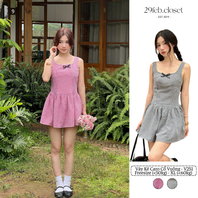 Váy kẻ caro nơ cổ vuông dễ thương dành cho mùa hè, Váy kẻ caro dáng ngắn - 29feb.closet – V251 | BigBuy360 - bigbuy360.vn
