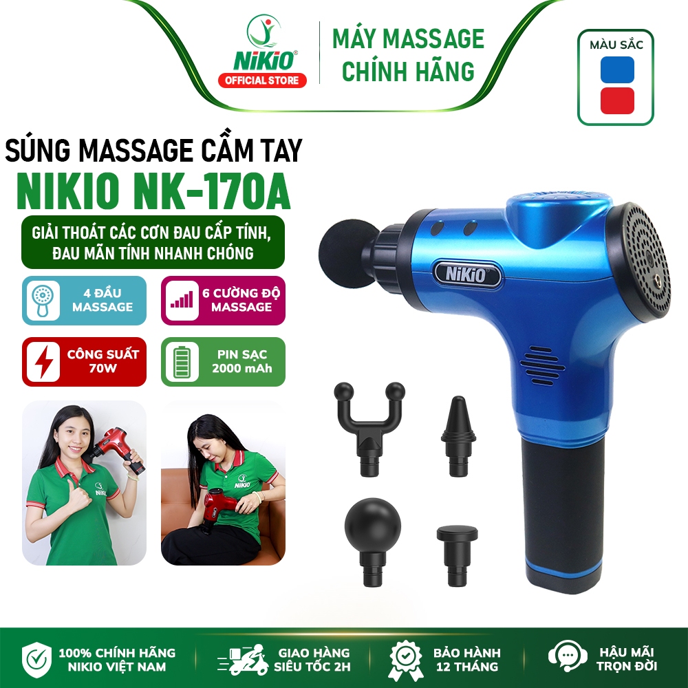 Súng Massage Cầm Tay Nikio NK-170A - 4 Đầu, 6 Tốc Độ, Màu Xanh