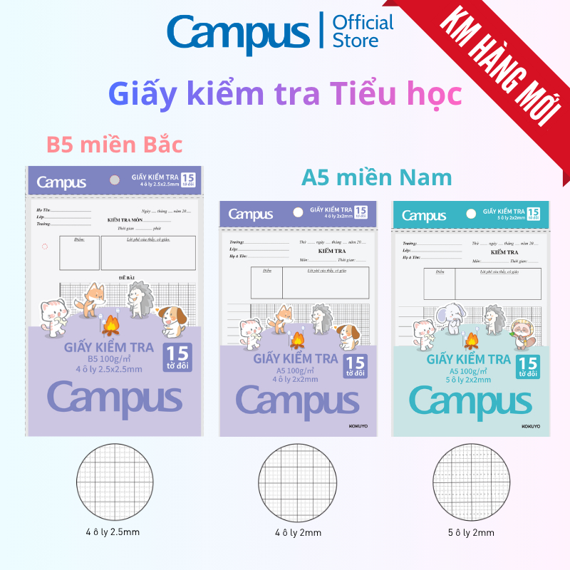 Giấy Kiểm Tra Tiểu Học Animals Camp Túi 15 Tờ Đôi Khổ Giấy A5 / B5 Dòng Kẻ 4 Ô Ly / 5 Ô Ly Định Lượn