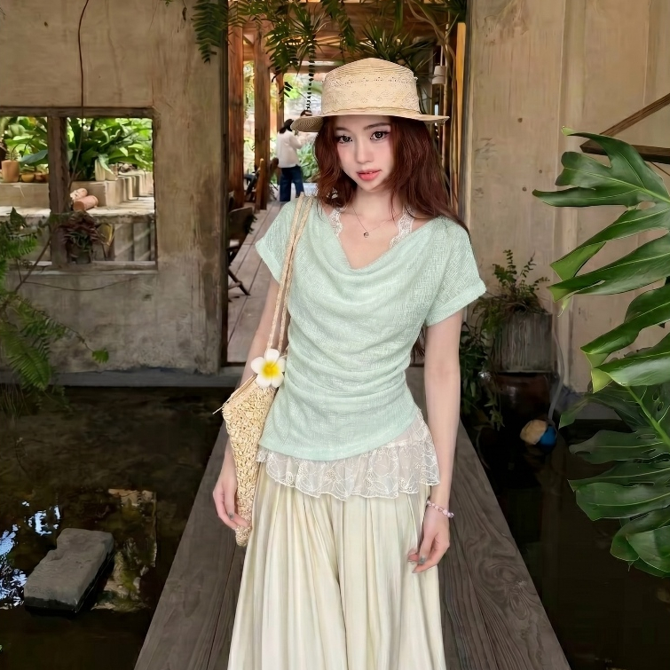 Set áo thun giấy nữ chun eo phối áo ren cổ yếm dáng ôm phong cách ulzzang 24Feb.studio A0008 | BigBuy360 - bigbuy360.vn