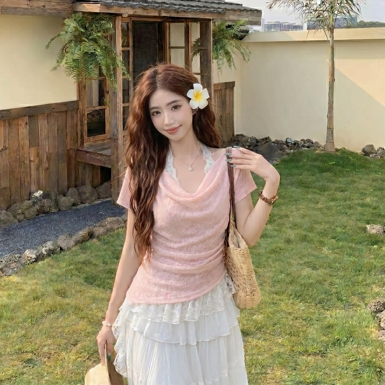 Set áo thun giấy nữ chun eo phối áo ren cổ yếm dáng ôm phong cách ulzzang 24Feb.studio A0008 | BigBuy360 - bigbuy360.vn