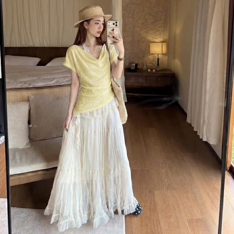 Set áo thun giấy nữ chun eo phối áo ren cổ yếm dáng ôm phong cách ulzzang 24Feb.studio A0008 | BigBuy360 - bigbuy360.vn