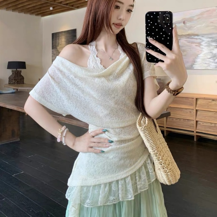 Set áo thun giấy nữ chun eo phối áo ren cổ yếm dáng ôm phong cách ulzzang 24Feb.studio A0008 | BigBuy360 - bigbuy360.vn