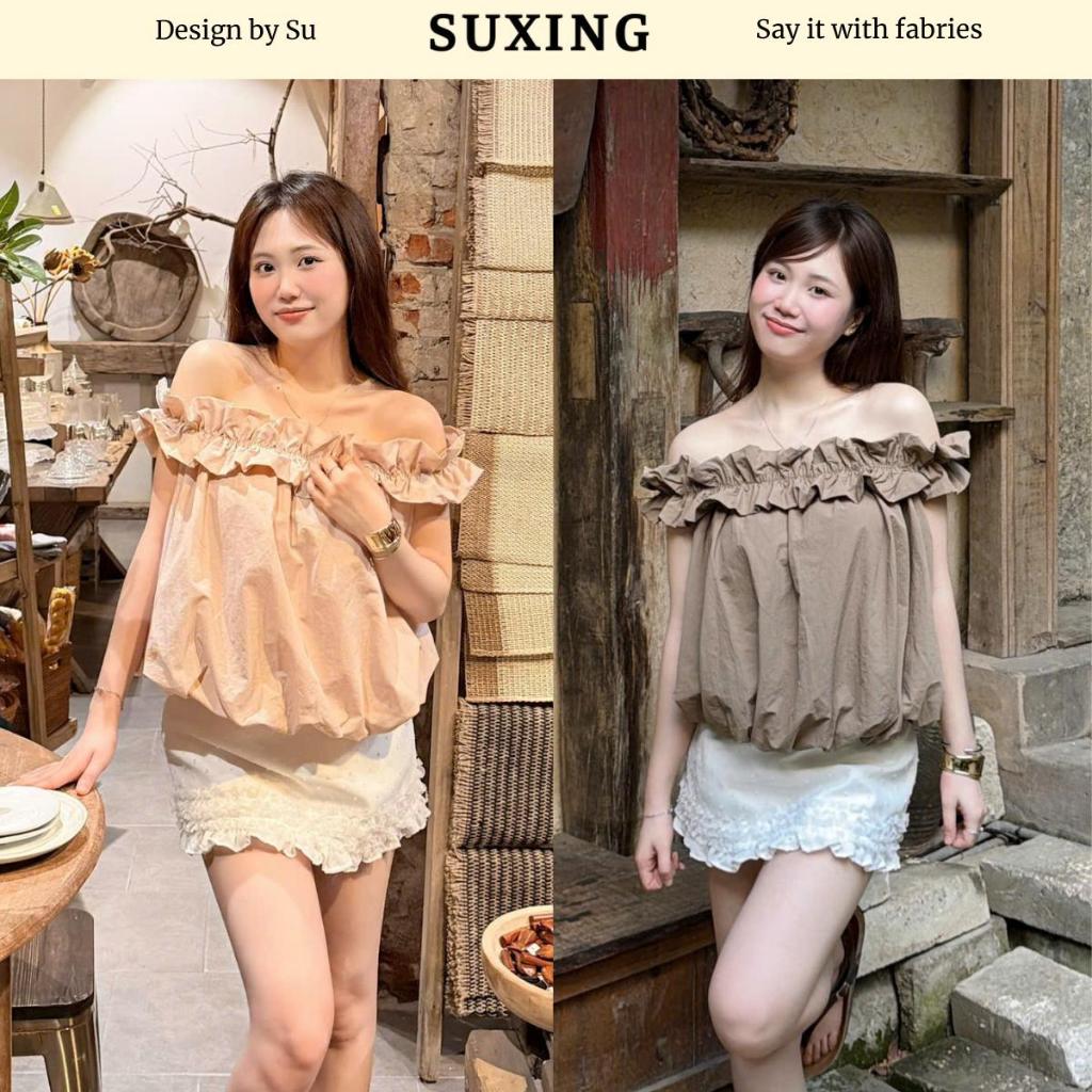 Áo Kiểu Trễ Vai Nhún Bèo Chất Thô Mềm Nữ - Suxing