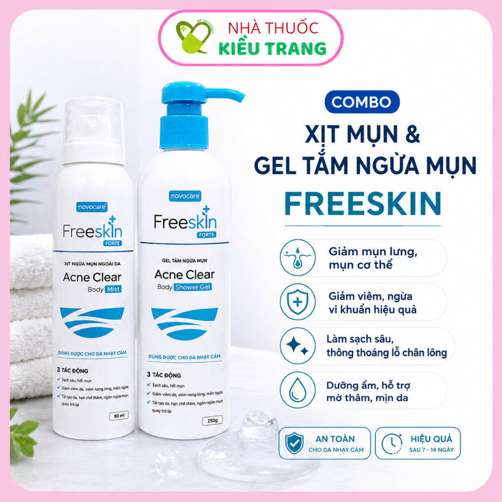Combo Freeskin Forte - Xịt mụn Freeskin Forte & Gel tắm Freeskin Forte - Hết mụn, mờ thâm, sáng da