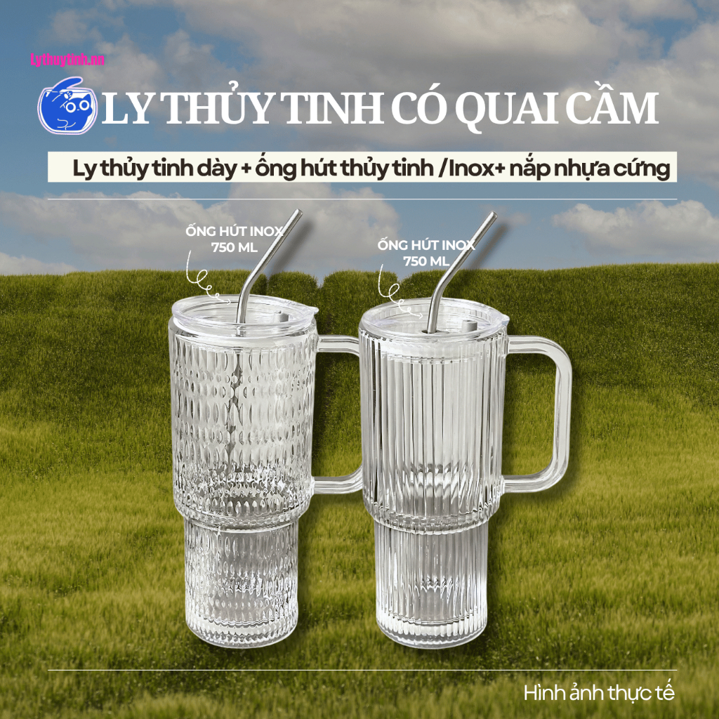 Ly thủy tinh dung tích lớn 730ml có quai cầm tiện lợi, trọn bộ ly thủy tinh cà phê, trà sữa, phong c
