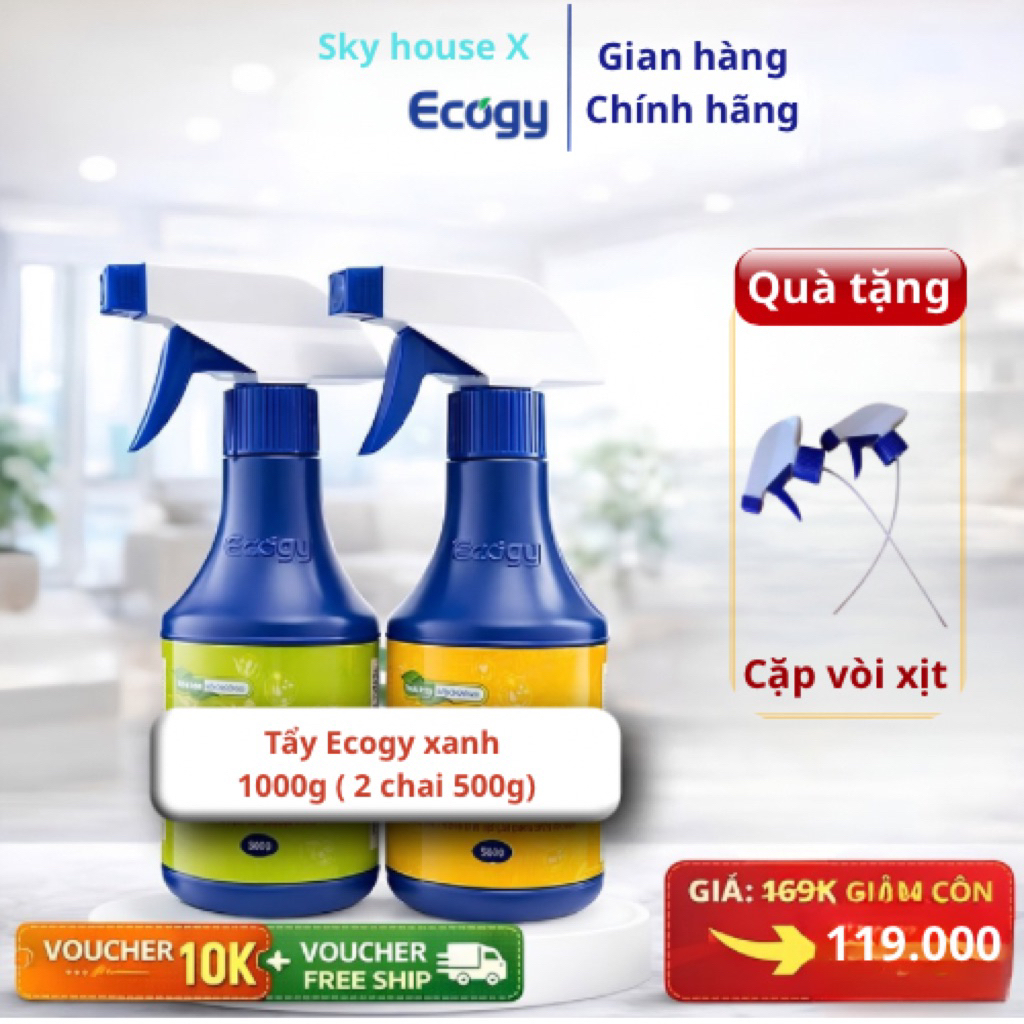 [ Tặng cặp xịt ] Bộ Tẩy mốc xanh Ecogy tẩy mốc , mốc thâm kim , nhựa cây …trên quần áo trắng và quần