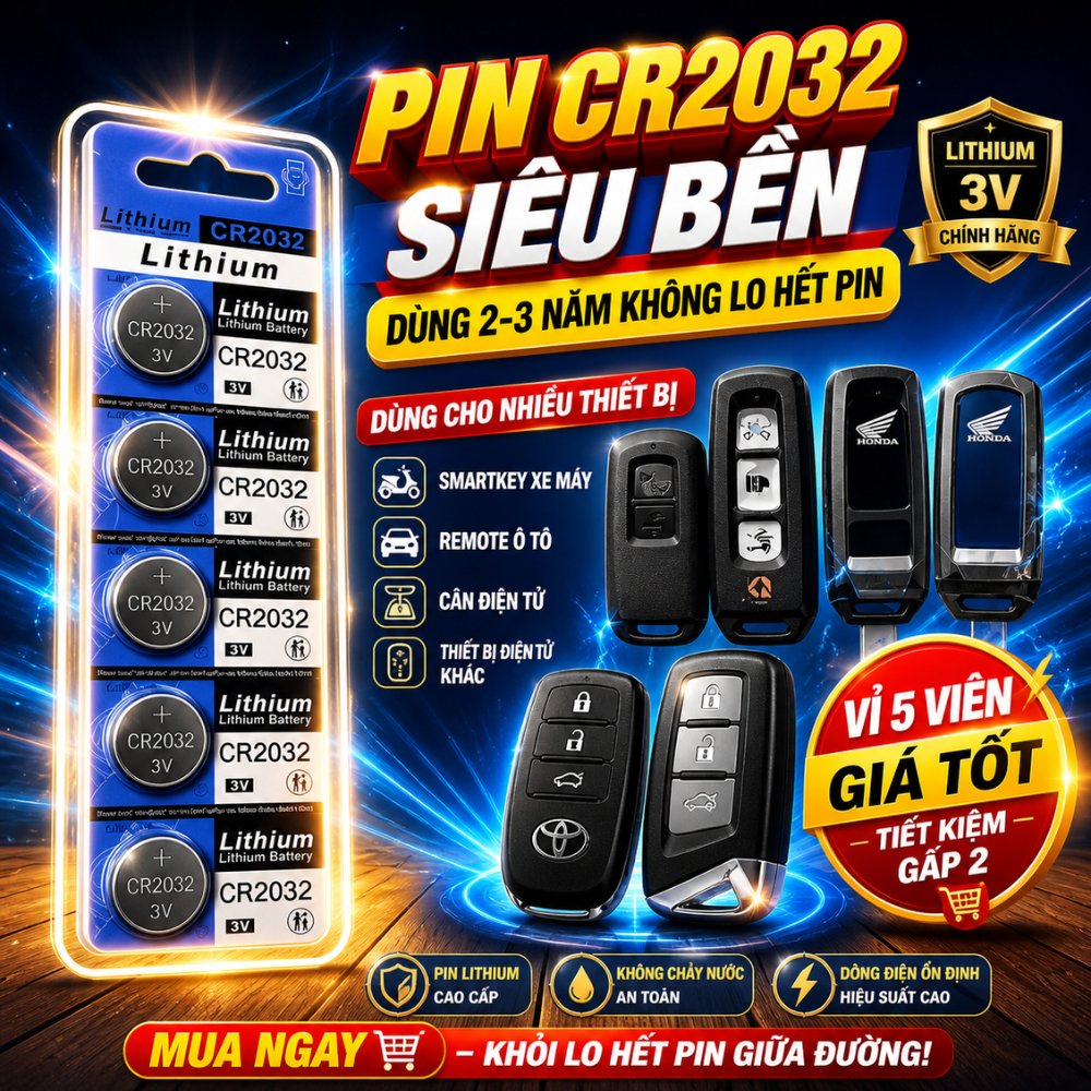 1 vỉ pin cúc áo CR 2032 Thay pin cho remote xe máy, SH, SH mode, vision, AB, máy tính, xe hơi, cửa c