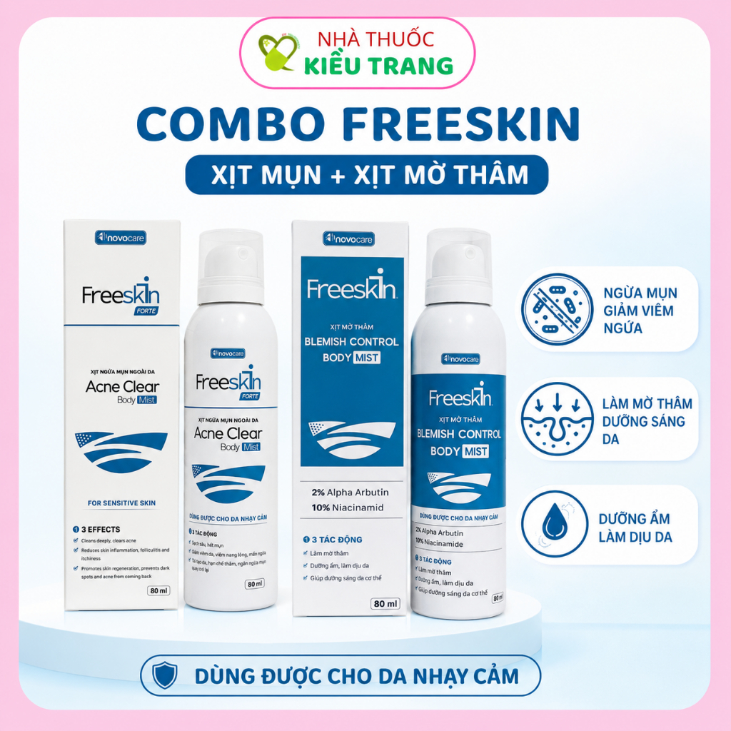 Combo Xịt mụn lưng, viêm nang lông & Xịt mờ thâm mụn lưng Freeskin hỗ trợ giảm mụn, giảm thâm, dưỡng
