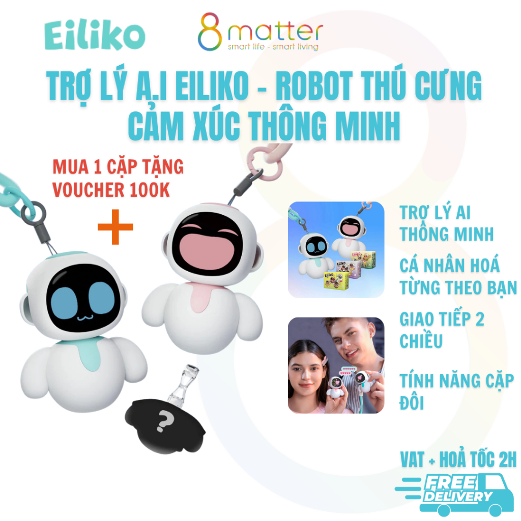 COMBO Cặp Robot Eiliko - Thú Cưng Cảm Xúc Thông Minh, Móc Khóa Ghép Đôi - Món Quà Ý Nghĩa