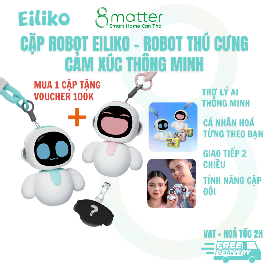 COMBO Cặp Robot Eiliko HỒNG + XANH - Robot Thú Cưng  Cảm Xúc Thông Minh - BH 12 tháng