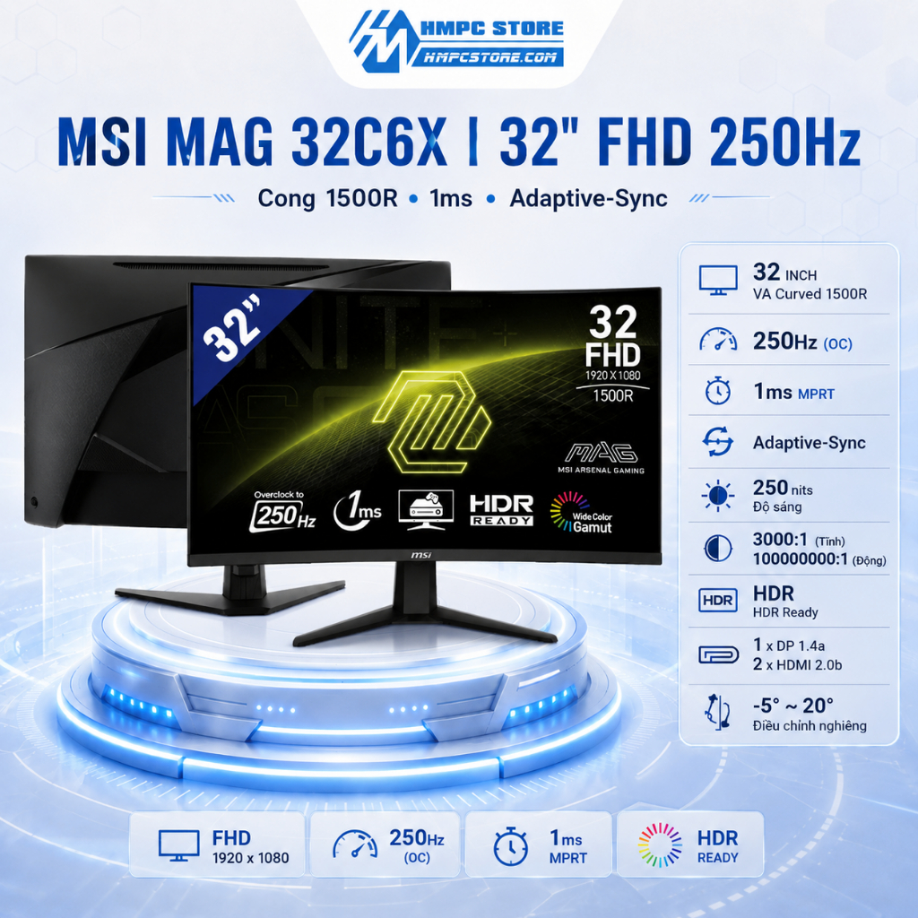 Màn hình gaming MSI MAG 32C6X | 32 inch, FHD, VA, 250Hz, 1ms, HDMI + DP, cong, BH 36 tháng