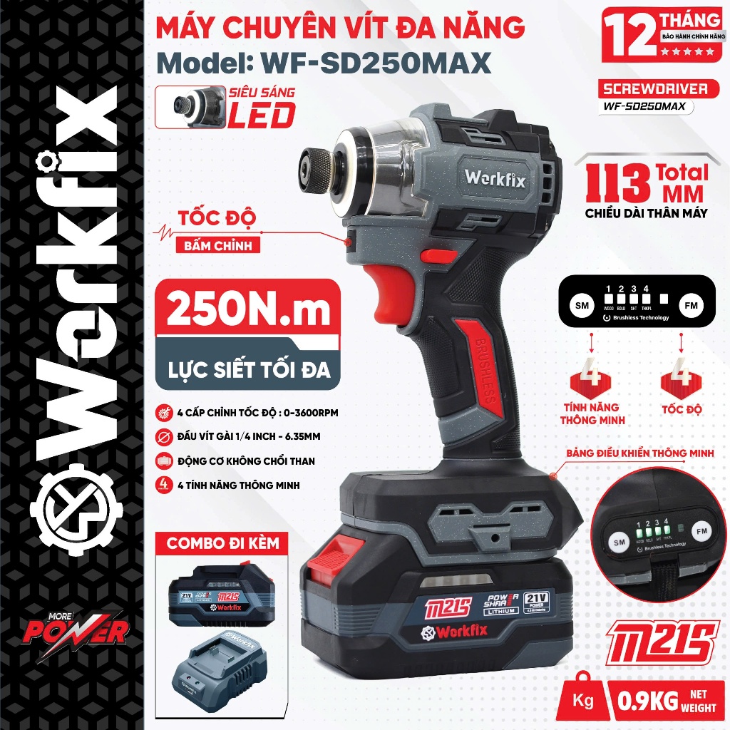 Chuyên vít búa WORKFIX WF-SD250MAX, Lực siết 250Nm. 4 chức năng, 4 tốc độ - Bản gọn nhẹ - Không than