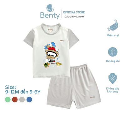 Bộ cộc cài vai phối tay in hình Bear diving BT130 Benty quần áo trẻ em thoải mái mềm mịn mát