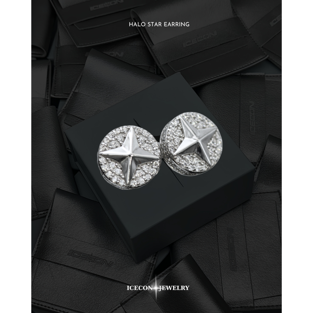 Khuyên Tai Bạc 925 - Mạ Vàng Trắng Ngôi Sao Icecon Nổi 3D Unisex - HALO STAR ( HALO STAR EARING ICEC