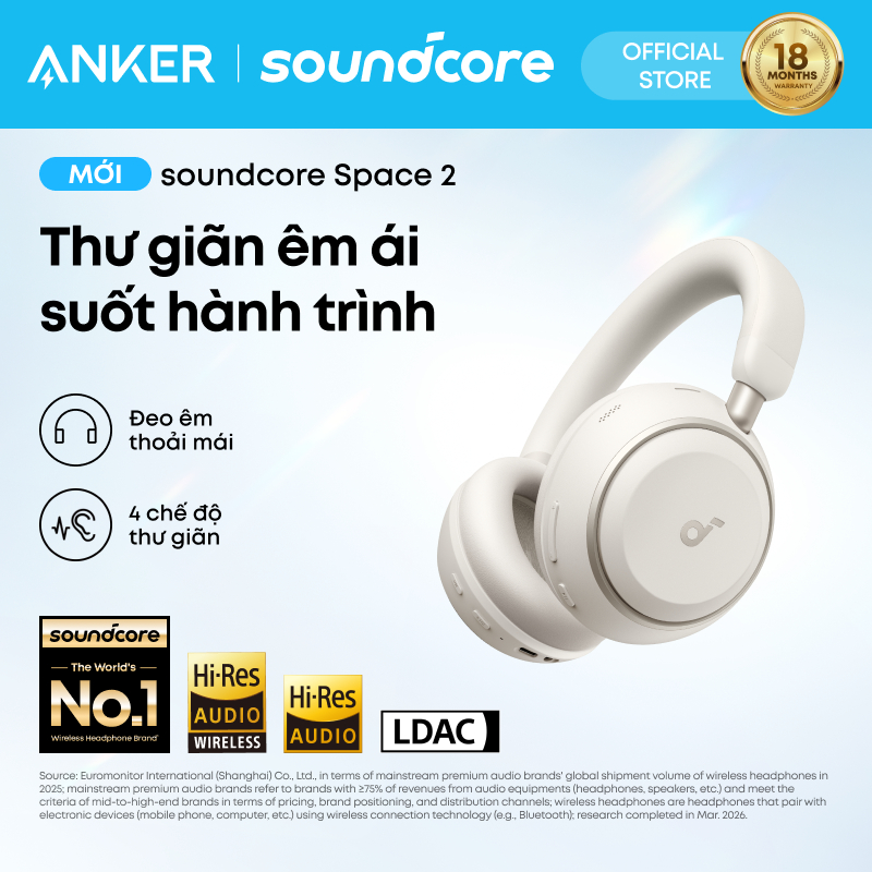 Tai nghe Bluetooth Anker soundcore Space 2 chống ồn vượt trội, đeo êm thoải mái, có chế độ thư giãn, pin tới 70H | BigBuy360 - bigbuy360.vn