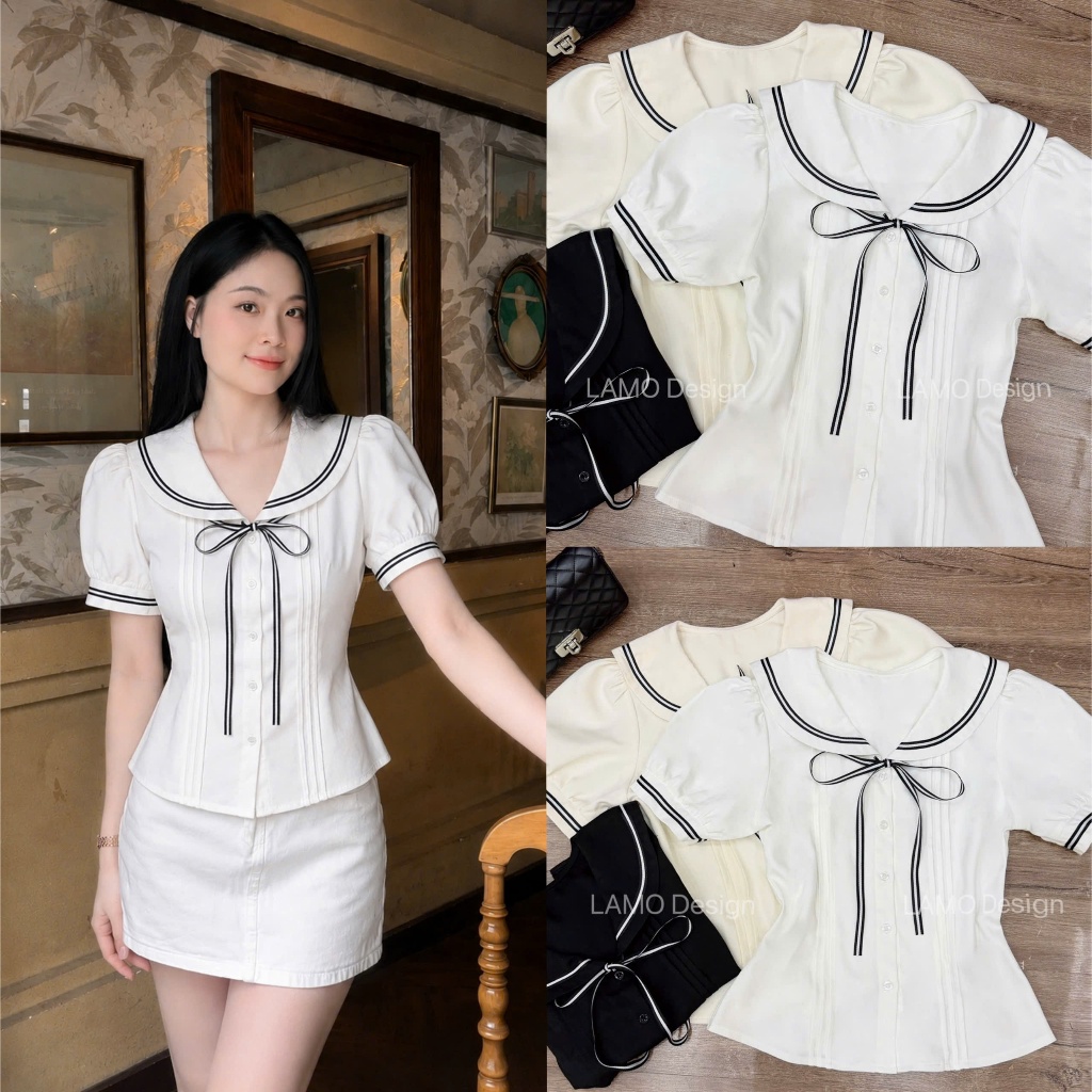 Áo sơ mi áo kiểu viền nơ trẻ trung LAMO - B1584 | BigBuy360 - bigbuy360.vn