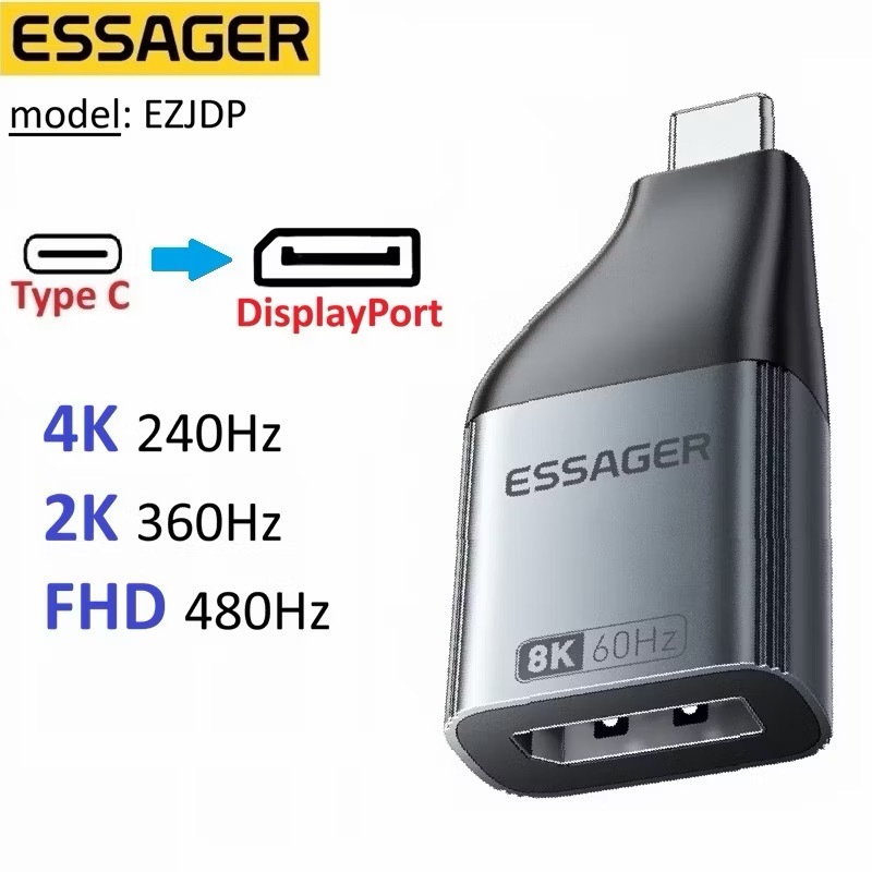 Type C to DP 1.4 (female) 4K 240Hz/ 2K 360Hz/ FHD 480Hz Essager EZJDP -Bảo Hành 6 tháng