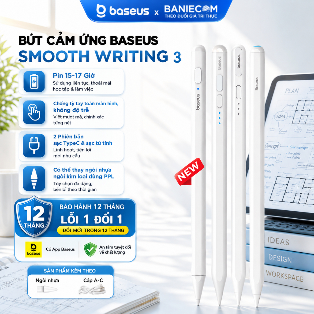 Bút cảm ứng Baseus Smooth Writing 3 PS025 PS001 PS048 PS045 PS003 PS026 PS052 Chống chạm Độ trễ thấp