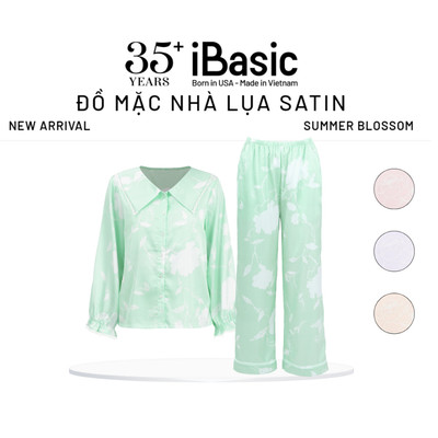 Bộ mặc nhà nữ Summer Blossom iBasic pyjama lụa satin áo tay nhún dài, quần dài HOMW076